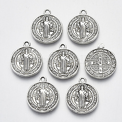 (tibeb-a9489-as-ff) ciondoli in lega stile tibetano, san benedetto medaglia,  cadmio& piombo libero, rotondo e piatto, argento antico, 20x17x2mm, Foro: 1.6 mm, circa 400pcs/1000g