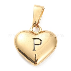 304 Edelstahl Anhänger, Herz mit schwarzem Buchstaben, golden, letter.p, 16x16x4.5 mm, Bohrung: 7x3 mm