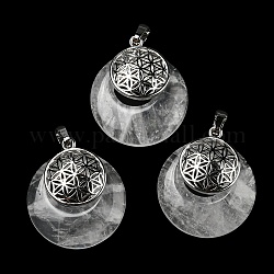 Natural Quartz Crystal Pendants, Rock Crystal Pendants, Spiritual Charms, with Platinum Tone Brass Findings, Flat Round with Flower of Life/Sacred Geometry, 32~32.5x28~30x7~7.5mm, Hole: 5x8mm