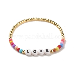 Bracciale elasticizzato word love con perline acriliche ed ematite sintetica, gioielli con pietre preziose per le donne, colorato, diametro interno: 2-1/8 pollice (5.3 cm)