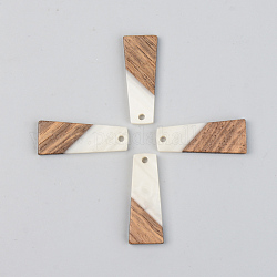Ciondoli in resina opaca e legno di noce, trapezoidale, bianco floreale, 30x12x3mm, Foro: 2 mm