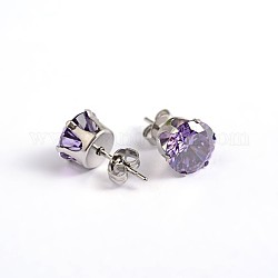 Flat Round 304 Stainless Steel Cubic Zirconia Stud Earrings, Medium Purple, 5mm, Pin: 0.9mm