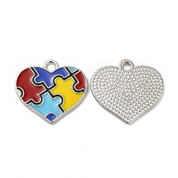 Alloy Enamel Pendants, Heart with Autism Puzzle Pattern Charm, Platinum, Colorful, 19x20.5x1mm, Hole: 2mm