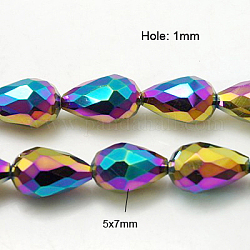 Electroplate Glass Beads Strands, Faceted, teardrop, Multi-color Plated, 7x5mm, Hole: 1mm, about 65~67pcs/strand, 18~18.5 inch(45.5~46.9cm)