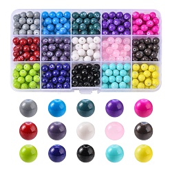 Perlas de vidrio pintadas para hornear, redondo, color mezclado, 8x7.5mm, agujero: 1.2 mm, 15 colores, 22~23 piezas / color, aproximamente 330~345 unidades / caja