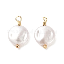 Colgantes de perlas de imitación de plástico abs, con accesorios de latón chapados en oro real de 18k, charm, plano y redondo, blanco, 16x10x3.5mm, agujero: 1.8 mm