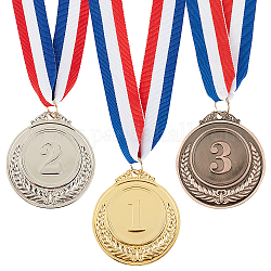 Globleland 6pcs 3 Farben Zinklegierung Medaillen, mit Polyesterschnur, flache Runde mit Nummer 1 & 2 & 3, Mischfarbe, 18.6 Zoll (47.4 cm), 2 Stk. je Farbe