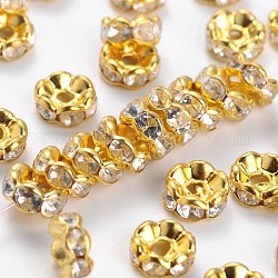 Perline distanziatori strass in ottone, grado B, chiaro, colore metallico oro, misura:circa6mm di diametro, 3 mm di spessore, Foro: 1 mm