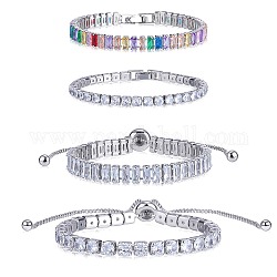 4 pièces 4 styles de bracelets de tennis en zircone cubique, bracelets coulissants à chaînes à maillons en laiton, platine, 6-1/2~10-1/4x1/8 pouce (16.4~26 cm), 1pc / style