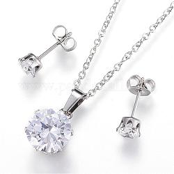 304 Stainless Steel Jewelry Sets, Pendant Necklaces and Stud Earrings, with Cubic Zirconia, Flat Round, Stainless Steel Color, 17.7 inch(45cm), 5mm, Pin: 0.8mm