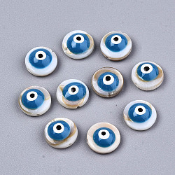 Cuentas de concha naturales de agua dulce, con esmalte, plano y redondo con mal de ojo, azul dodger, 9x4.5mm, agujero: 0.8 mm