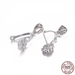 Rhodium Plated 925 Sterling Silver Pendant Bails, with Cubic Zirconia, with 925 Stamp, Clover, Clear, Platinum, 17x6.5x7mm, Hole: 4.5x3.5mm, Pin: 0.7mm, Inseam Length: 9mm