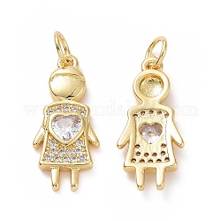 Brass Micro Pave Cubic Zirconia Pendants, with Jump Ring, Girl with Heart Charms, Golden, 20x9x3mm, Hole: 3.5mm
