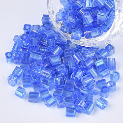 6/0 perline di vetro, colori trasparenti arcobaleno, foro quadrato, cubo, dodger blu, 6/0, 3~5x3~4x3~4mm, Foro: 1.2~1.4 mm, circa 4500pcs/scatola