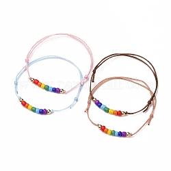 Bracciali in cordoncino di poliestere regolabili, con perle di semi di vetro e perle di ottone, tondo, colore misto, diametro interno: 2-1/8 pollice (5.5 cm)