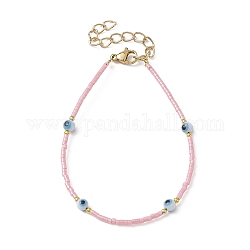 Evil Eye Lampwork & Glass Seed Beaded Bracelet with Real 18K Gold Plated 304 Stainless Steel Clasps, Pink, 6-3/4 inch(17.2cm)