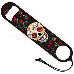 201 Stainless Steel Bottle Opener, with PU Leather Cord, Rectangle, Skull Pattern, 178x38x2mm