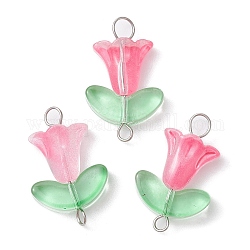 Ciondoli connettore in vetro, collegamenti a fiore rosa caldo con doppi anelli in acciaio inossidabile, colore acciaio inossidabile, 22~22.5x14x6mm, Foro: 2~3 mm