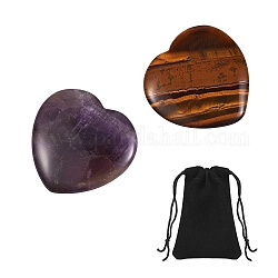 2 pièces 2 style coeur naturel massage aux pierres précieuses mélangées, avec 1 sac à cordon en tissu de velours, 39~40x39.5~40x7~8mm, 1pc / style