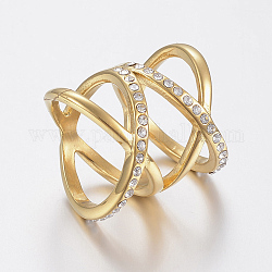 Ion Plating(IP) 304 Stainless Steel Rhinestone Finger Rings, Wide Band Rings, Hollow, Golden, Size 9, 19mm