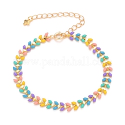 Brass Enamel Cobs Chains Bracelets, with Golden Plated Curb Chains and Spring Ring Clasps, Colorful, 7-3/8 inch(18.8cm)