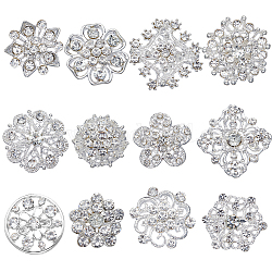 Gorgecraft 12Pcs 12 Style Crystal Rhinestone Flower Brooch Pins, Alloy Badges for Women, Silver, 20~28x20~28x3.5~8mm, 1Pc/style