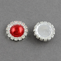 Garment Accessories Half Round ABS Plastic Imitation Pearl Cabochons, with Grade A Rhinestone and Brass Cabochon Settings, Red, 24.5x8mm