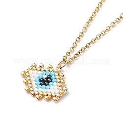 Japanese Seed Braided Rhombus with Evil Eye Pendant Necklace with 304 Stainless Steel Chains for Women, Golden, 15.94 inch(40.5cm)