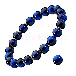 Natural Tiger Eye Round Beads Stretch Bracelet, Stone Bracelet with Alloy Daisy Spacer Beads for Women, Prussian Blue, Inner Diameter: 2 inch(5.2cm)