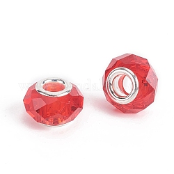 Facettierten Glas European Beads, Großloch perlen, mit silberfarbenen Messingkern, Rondell, rot, 13.5~14x8.5~9 mm, Bohrung: 5 mm