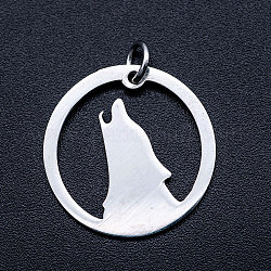 201 Stainless Steel Pendants, Howling Wolf Pendants, with Unsoldered Jump Rings, Flat Round with Wolf, Stainless Steel Color, 20x1mm, Hole: 3mm, Jump Ring: 5x0.8mm