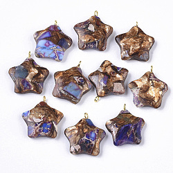 Assembled Synthetic Imperial Jasper and Bronzite Pendants, with Golden Tone Iron Loop, Dyed, Star, Slate Blue, 23~24x21x5mm, Hole: 2mm
