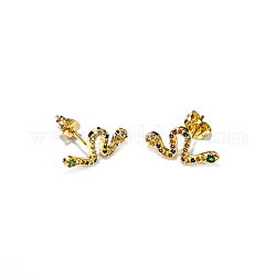 Boucles d'oreilles en laiton micro pavé de zircons cubiques, boucles d'oreilles grimpeur, avec poussoirs d'oreilles en laiton, serpent, colorées, or, 17~17.5x8mm, pin: 0.7 mm