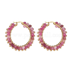 Boucles d'oreilles créoles en perles d'agate naturelle, 304 bijoux en fil d'acier inoxydable pour femme, or, rose chaud, 43x43.5x9mm, pin: 1.1x0.6 mm