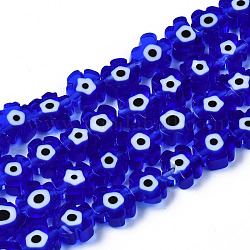 Chapelets de perles vernissées manuelles, fleur avec le mauvais œil, bleu moyen, 6~7x6~7.5x3mm, Trou: 0.7mm, Environ 63~65 pcs/chapelet, 15.75 pouce ~ 15.94 pouces (40~40.5 cm)