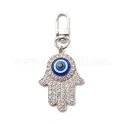 Zinc Alloy Rhinestone Pendant Decorations, Buddha Hand with Evil Eye Clip-on Charms, for Keychain, Purse, Backpack Ornament, Stitch Marker, Platinum, 88mm