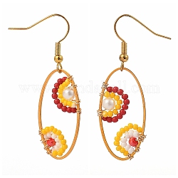 Oval Dangle Earrings, with Glass Seed Beads, Glass Pearl Beads, Brass Linking Rings and Iron Earring Hooks, Golden, Colorful, 47mm, Pin: 0.7mm