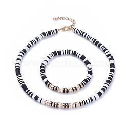 Ensembles de bracelets et colliers extensibles perles heishi, avec de la pâte polymère artisanale, perles heishi synthétiques non magnétiques d'hématite et rallonge de chaîne en fer, or, noir, 2-1/8 pouce (5.5 cm), 14.96 pouce (38 cm), 2 pièces / kit