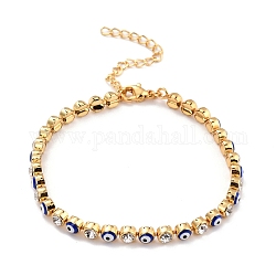 Plat rond avec bracelet chaîne à maillons mauvais œil, bracelet de tennis en zircone cubique transparente, bijoux en laiton pour femmes, or, bleu, 7-1/8 pouce (18.2 cm)