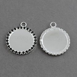 Brass Rhinestone Pendant Cabochon Settings, Picture Memory Frame Pendants, Flat Round, Silver Metal Color, Jet, Tray: 25mm, 37x31.5x3mm, Hole: 4mm