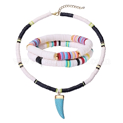 Stretch Bracelets and Pendant Necklace Jewelry Sets, with Handmade Polymer Clay Heishi Beads, Brass Spacer Beads, Alloy Findings and Synthetic Turquoise Pendants, Mixed Color, Inner Diameter: 2-1/8 inch(5.5cm), 3pcs/set