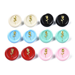 Flat Round with Rose Flower Stud Earrings for Women, Cadmium Free & Nickel Free & Lead Free, Mixed Color, 19x19.5mm, Pin: 0.7mm