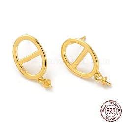 925 Sterling Silver Stud Earring Findings, for Half Drilled Beads, Oval, with S925 Stamp, Real 18K Gold Plated, 20x10.5mm, Pin: 0.9mm and 10.5x0.9mm