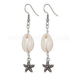 Natural Shell Dangle Earrings, Tibetan Style Alloy Long Drop Earrings with 304 Stainless Steel Pins, Starfish, 66x12mm