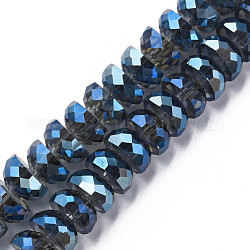Electroplate transparentes abalorios de vidrio hebras, facetados, semicírculo, azul, 9x5mm, agujero: 1.6 mm, aproximamente 75 pcs / cadena, 16.14 pulgada (41 cm)