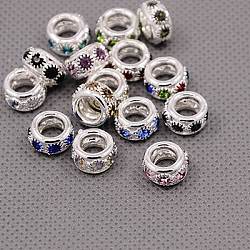 Brass Rhinestone European Beads, Large Hole Beads, Grade A, Rondelle, Silver Color Plated, Mixed Color, 10x5~6mm, Hole: 5mm