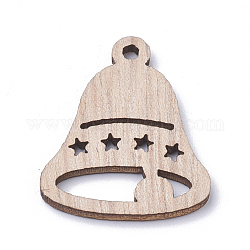 Ciondoli di legno non tinti, campana con stella, Burlywood, 30.5x24.5x2mm, Foro: 2 mm