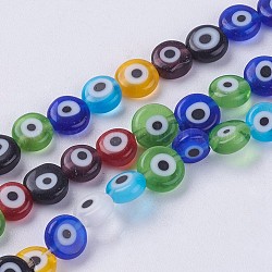 Hechos a mano de mal de ojo lampwork perlas hebras, plano y redondo, colorido, 6x2.5mm, agujero: 1 mm, aproximamente 64 pcs / cadena, 13.7 pulgada (35 cm)