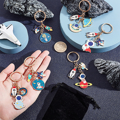 OLYCRAFT 6 Pcs Alloy Enamel Keychains Spaceman Rocket Key Chain Astronaut Star Pattern Key Ring Pendants for Purse with Rectangle