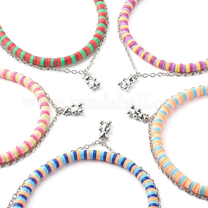 Handmade Polymer Clay Beaded Necklaces and Bear Alloy Pendant Necklace for Kid NJEW-JN03642-1